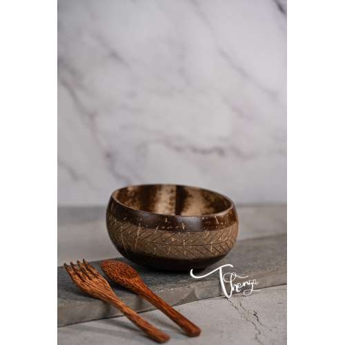 Thenga: Geometric Jumbo Coconut Bowl with Spoon & Fork