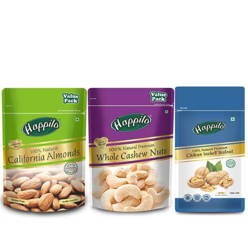Happilo: Combo of 100% Natural Premium Californian Almonds, Whole Cashews & Chilean Inshell Walnut Kernels (500g each)