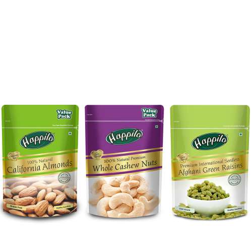 Happilo: Combo of Premium Californian Almonds (500g), Whole Cashews (500g), Afghani Seedless Green Raisins (200g)