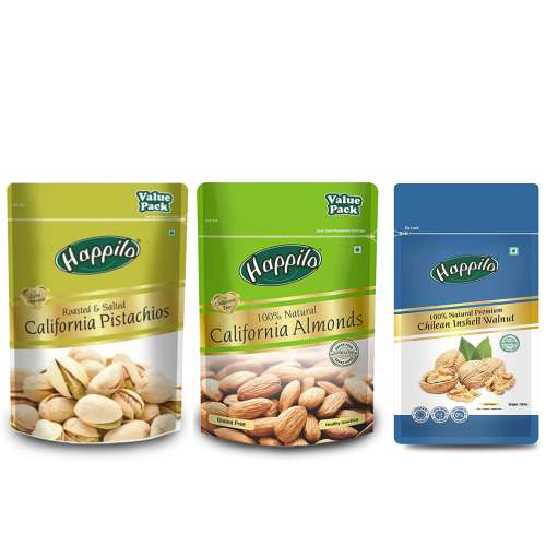 Happilo: Combo of Natural Premium Californian Almonds, Chilean Inshell Walnut Kernels & Roasted & Salted Pistachios (500g each)