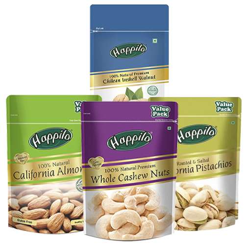 Happilo: Combo of Premium Californian Almonds, Whole Cashews, Chilean Inshell Walnut Kernels & Roasted & Salted Pistachios (500g each)