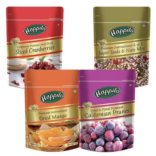 Happilo: Combo of Californian Premium Sweet Dried Sliced Cranberries (200g), 6 in 1 Super Seeds & Nuts Mix (250g), Dried Mango (200g), Pitted Prunes (200g)