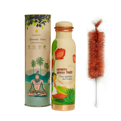 Sarveda: Copper Water Bottle with Cleaning Brush - True Happiness Lies Within - 1 Litre