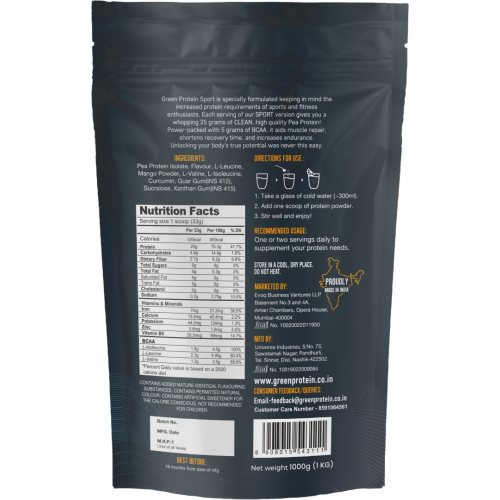 Green Protein: Mango Smoothie Flavoured Pea Protein Pouch - 1kg