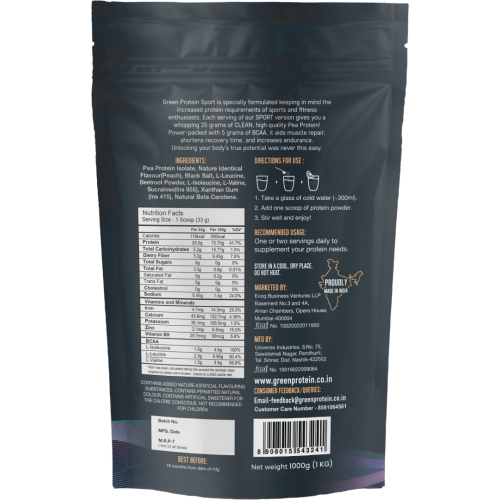 Green Protein: Summer Peach Flavoured Pea Protein Pouch - 1kg