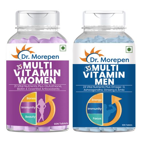 Dr. Morepen: Multivitamin Men with Omega 3 & Herbs for Energy & Immunity Boost - 60 Veg Tablets and Multivitamin Women with Calcium & Herbal Extracts for Energy & Immunity Boost - 60 Veg Tablets