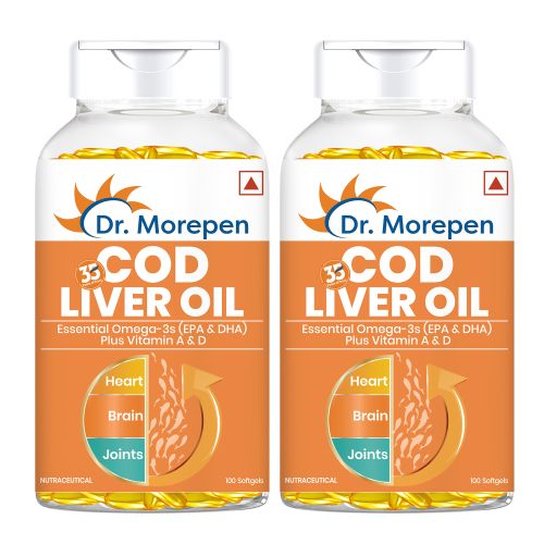 Dr. Morepen: COD Liver Oil Capsules with Natural Omega 3, Vitamin A & D for Healthy Heart, Brain, Eyes & Joints - 100 Softgels Pack of 2