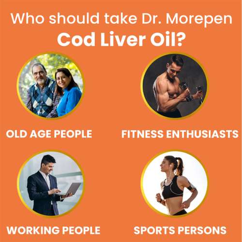 Dr. Morepen: COD Liver Oil Capsules with Natural Omega 3, Vitamin A & D for Healthy Heart, Brain, Eyes & Joints - 100 Softgels Pack of 2