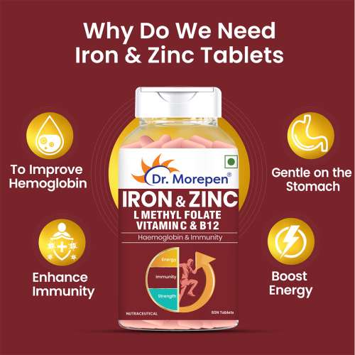 Dr. Morepen: Iron & Zinc Tablets with Vitamin C & B12 for Immunity & Hemoglobin Boost - 60 Veg Tablets Pack of 2