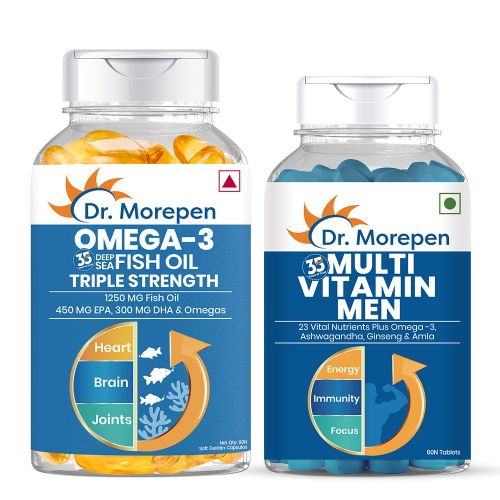 Dr. Morepen: Multivitamins for Men with Omega 3 & Herbs for Energy & Immunity Boost - 60 Veg Tablets and Omega 3 Deep Sea Fish Oil Triple Strength for Healthy Heart, Brain & Joints, 1250mg with 900mg DHA & EPA - 30 Softgels