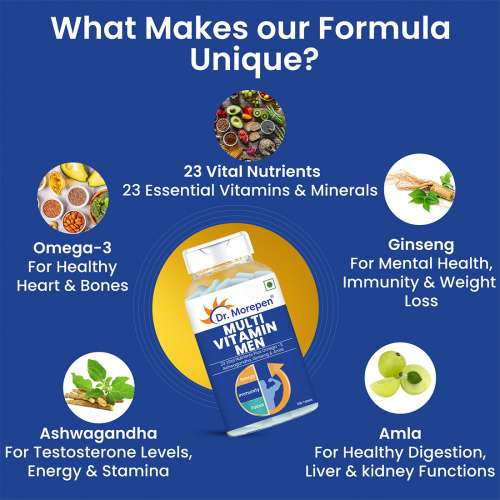Dr. Morepen: Multivitamins for Men with Omega 3 & Herbs for Energy & Immunity Boost - 60 Veg Tablets and Omega 3 Deep Sea Fish Oil Triple Strength for Healthy Heart, Brain & Joints, 1250mg with 900mg DHA & EPA - 30 Softgels