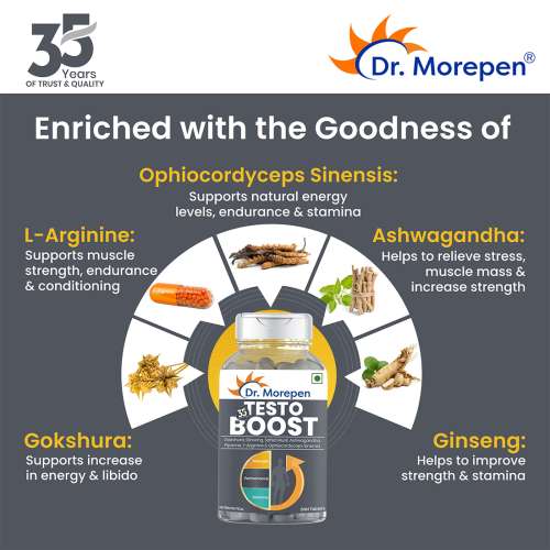 Dr. Morepen: Natural & Pure Shilajit Resin, Ayurvedic Energy Booster & Stamina Enhancer - 15gm and Testo Boost for Men, Testosterone Booster Tablets - 60 Veg Tablets