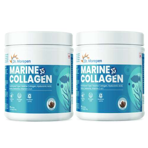 Dr. Morepen: Marine Collagen Skin Protein Powder with Hyaluronic Acid, Vitamin C, Sesabania & Biotin for Healthy Skin, Chocolate Flavour, 31 Servings - 250gm Pack of 2
