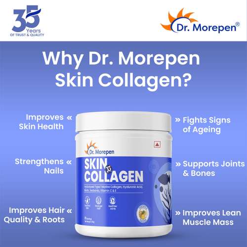 Dr. Morepen: Skin Collagen Protein Powder With Hyaluronic Acid, Vitamin C, Sesabania & Biotin For Healthy Skin | Pineapple Flavour | 250g Pack of 2