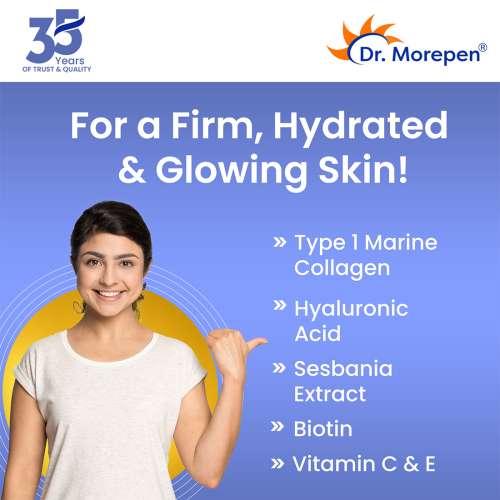 Dr. Morepen: Skin Collagen Protein Powder With Hyaluronic Acid, Vitamin C, Sesabania & Biotin For Healthy Skin | Pineapple Flavour | 250g Pack of 2