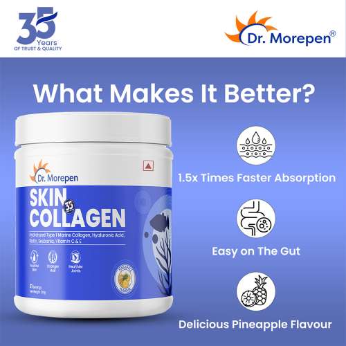 Dr. Morepen: Skin Collagen Protein Powder With Hyaluronic Acid, Vitamin C, Sesabania & Biotin For Healthy Skin | Pineapple Flavour | 250g Pack of 2
