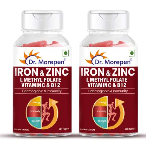 Dr. Morepen: Iron & Zinc Tablets with Vitamin C & B12 for Immunity & Hemoglobin Boost - 60 Veg Tablets Pack of 2