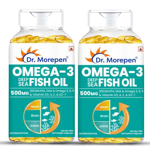 Dr. Morepen: Omega 3 Deep Sea Fish Oil for Healthy Heart, Brain & Joints, 500mg with 300mg DHA & EPA - 60 Softgels Pack of 2