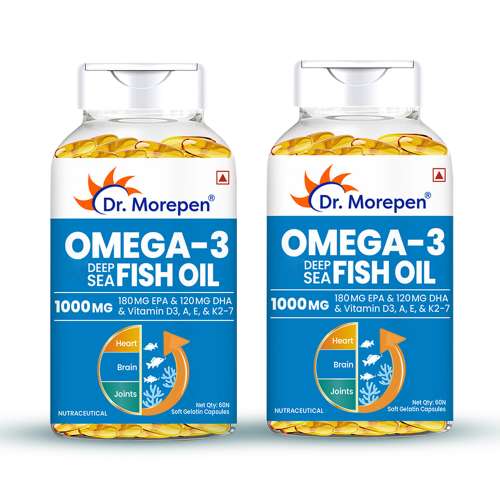 Dr. Morepen: Omega 3 Deep Sea Fish oil for Heart, Brain & Joints, 1000 mg Omega with 300 mg DHA with Vitamin A, D3, E & K27 | 60 Softgel Pack of 2