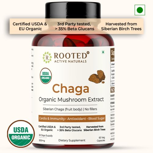 Rooted Active Naturals: Siberian Chaga mushroom Extract  (60 Caps, 500 mg) |Blood Sugar, Heart & Immunity. USDA Organic, 35% Beta Glucans Rooted Active Naturals: Siberian Chaga mushroom Extract  (60 Caps, 500 mg) |Blood Sugar, Heart & Immunity. USDA Organic, 35% Beta Glucans