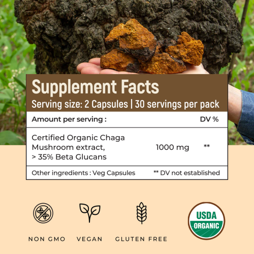 Rooted Active Naturals: Siberian Chaga mushroom Extract  (60 Caps, 500 mg) |Blood Sugar, Heart & Immunity. USDA Organic, 35% Beta Glucans Rooted Active Naturals: Siberian Chaga mushroom Extract  (60 Caps, 500 mg) |Blood Sugar, Heart & Immunity. USDA Organic, 35% Beta Glucans