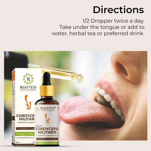 Rooted Active Naturals: Cordyceps Militaris Mushroom Liquid tincture |Energy, Stamina, Supports Testosterone, Virility, Lung health | 30 ml, Organic