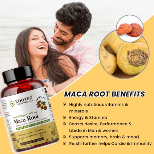 Rooted Active Naturals: Maca Root Extract with Reishi Mushroom (90 Veg Caps, 750 mg) -Stamina, Virility, Hormonal support| Imported from Peru, Certified Organic, Gelatinised