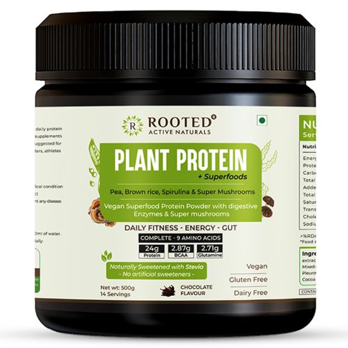 Rooted Active Naturals: Plant Protein powder, 24gm protein from Pea, Super Mushrooms, Brown Rice, Spirulina & | Probiotics, Enzymes, Super mushrooms |500 gm | Choclate flavour (USA FDA Registered Facility)