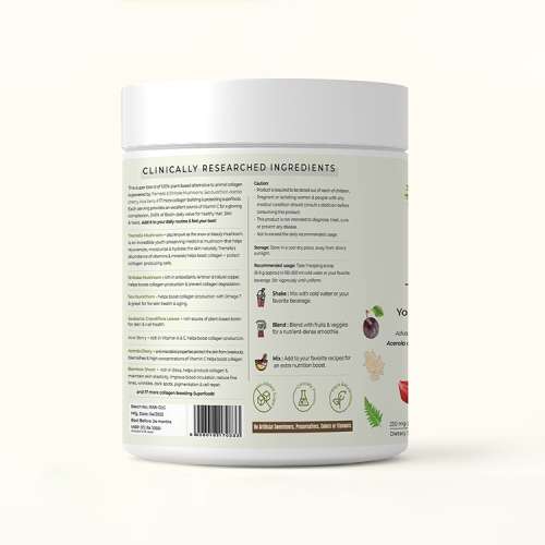 Rooted Active Naturals: Plant Based Collagen Supplement, 250 g  with Tremella mushrooms, Biotin, Silica, Vit C & 17 beauty boosters. No Sugar, for Women & Men