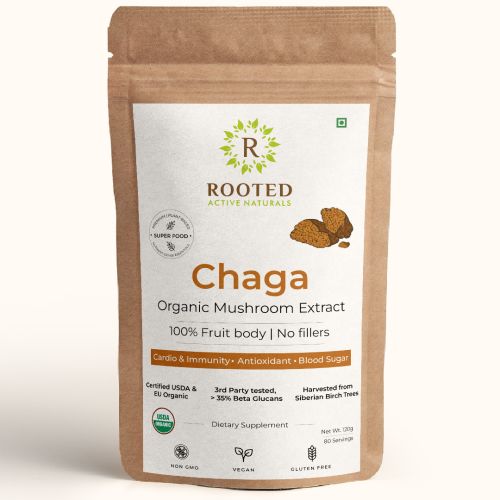 Rooted Active Naturals: Siberian Chaga mushroom Extract  (120 g) |Blood Sugar, Heart & Immunity. USDA Organic, 35% Beta Glucans