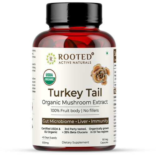 Rooted Active Naturals: USDA Organic Turkey Tail Mushroom Extract (90 Veg Caps, 500 mg), &gt; 35% Beta Glucans