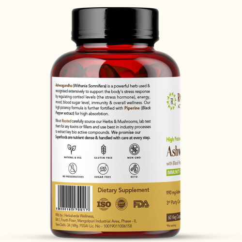 Rooted Active Naturals: Ashwagandha extract (5% Withanolides, 60 Caps, 500 mg ) with Reishi & Black pepper extract |Stress Relief,Cardio & Energy,Immunity,Liver support