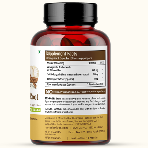 Rooted Active Naturals: Ashwagandha extract (5% Withanolides 60 Caps, 500 mg) with Lions Mane & Black pepper extract | Stress Relief,Cardio & Energy,Immunity,Brain Health