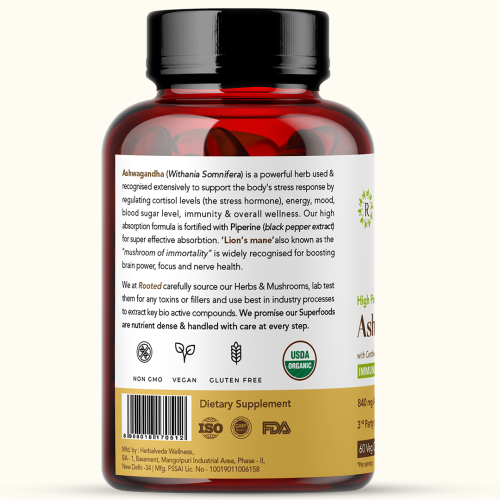 Rooted Active Naturals: Ashwagandha extract (5% Withanolides 60 Caps, 500 mg) with Lions Mane & Black pepper extract | Stress Relief,Cardio & Energy,Immunity,Brain Health