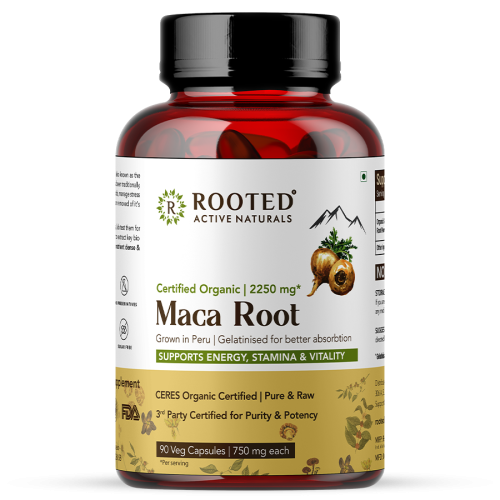 Rooted Active Naturals: Maca Root Extract  (90 Veg Caps, 750 mg) -Stamina, Virility, Hormonal support| Imported from Peru, Certified Organic, Gelatinised
