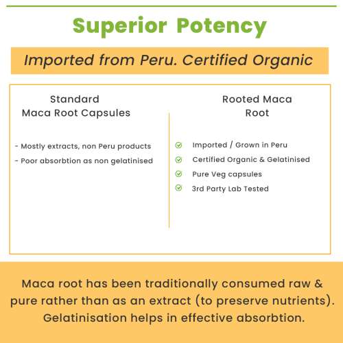 Rooted Active Naturals: Maca Root Extract  (90 Veg Caps, 750 mg) -Stamina, Virility, Hormonal support| Imported from Peru, Certified Organic, Gelatinised