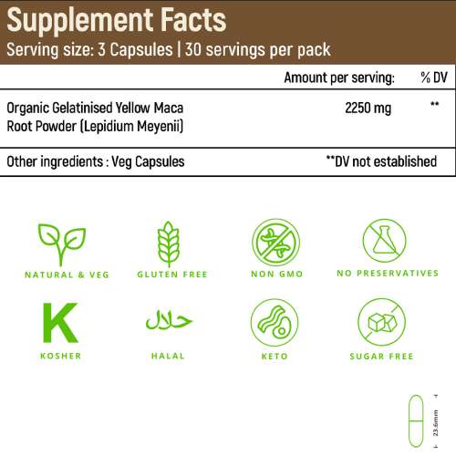 Rooted Active Naturals: Maca Root Extract  (90 Veg Caps, 750 mg) -Stamina, Virility, Hormonal support| Imported from Peru, Certified Organic, Gelatinised
