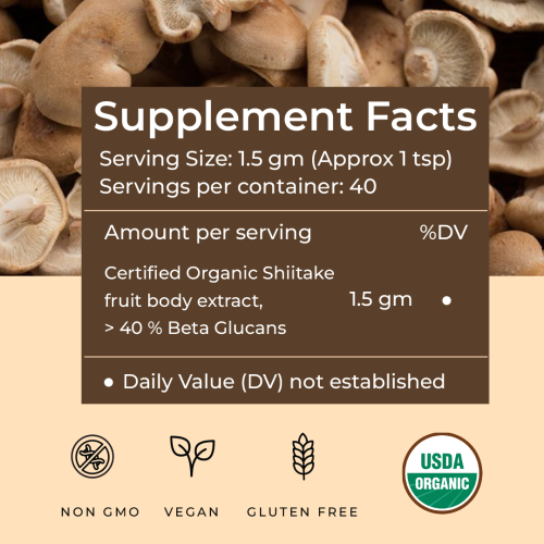 Rooted Active Naturals: Shiitake mushroom Extract Powder (60 g) |Cholesterol, Heart health, Immunity. USDA Organic, 40% Beta Glucans