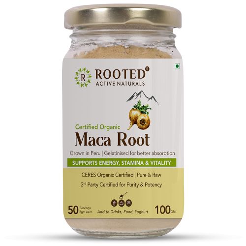 Rooted Active Naturals: Maca Root Extract powder (100 g) -Stamina, Virility, Hormonal support| Imported from Peru, Certified Organic, Gelatinised