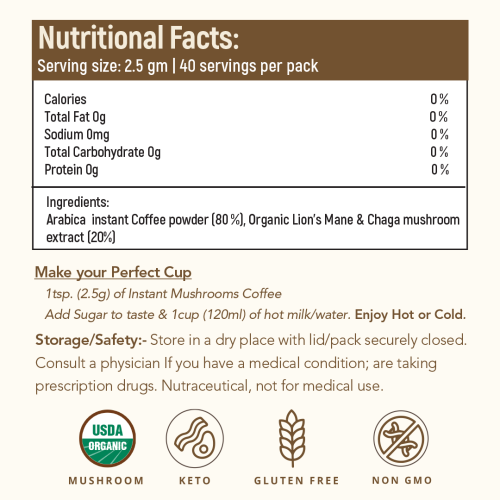 Rooted Active Naturals: Wellness Muhroom Coffee (100 g), Instant Arabica coffee with Superfood Mushrooms (lion's Mane & Chaga - 20%) |Focus, Energy, Immunity & Heart health