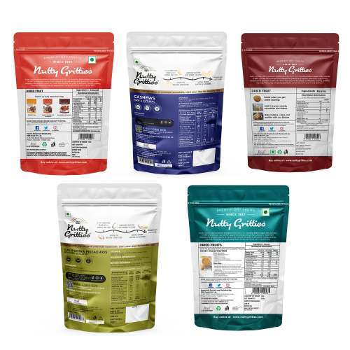 Nutty Gritties: Mixed Daily Needs Nuts Dry Fruits - Almonds, Walnuts Kernels, Cashews, Roasted Salted Pistachios and Raisins Combo - 1Kg (5 Pack of 200g each)