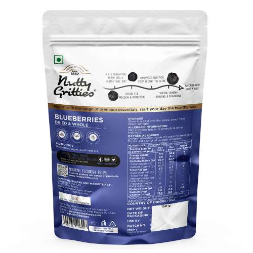 Nutty Gritties: Blueberries Dried & Whole Healthy Snack - 300g (2 Pack of 150g each)