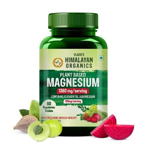 Vlado's Himalayan Organics: Plant Based Magnesium Supplement 1360mg With Turmeric Spirulina, Wheatgrass, Moringa | Supports Bone Muscle & Bone Health | Boost Energy Level - 60 Veg Tablets