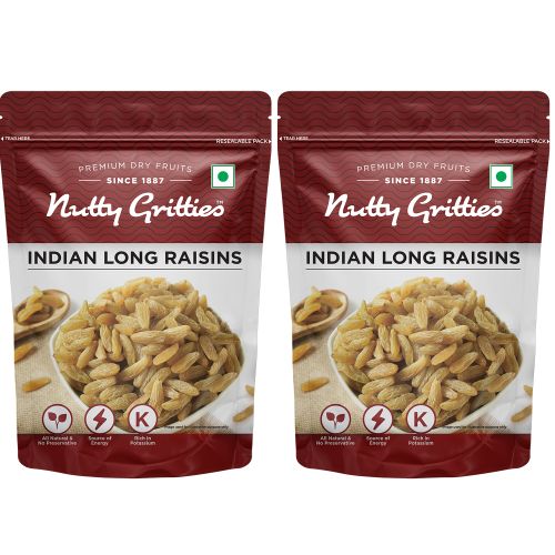 Nutty Gritties: Indian Long Raisins, Seedless Premium Green Raisins, Kishmish, Healthy Snack - 400g (2 Pack of 200g each)