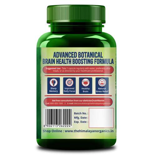 Vlado's Himalayan Organics: Plant Based Brain Booster Supplement with Ginkgo Biloba & Brahmi | Boost concentration & Memory | 60 Veg Capsules