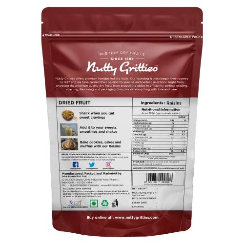 Nutty Gritties: Indian Long Raisins, Seedless Premium Green Raisins, Kishmish, Healthy Snack - 400g (2 Pack of 200g each)