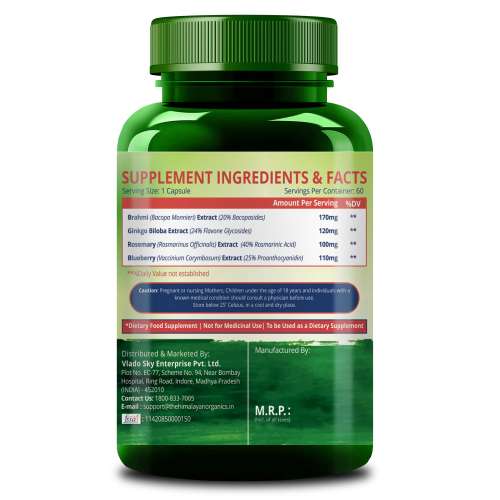 Vlado's Himalayan Organics: Plant Based Brain Booster Supplement with Ginkgo Biloba & Brahmi | Boost concentration & Memory | 60 Veg Capsules