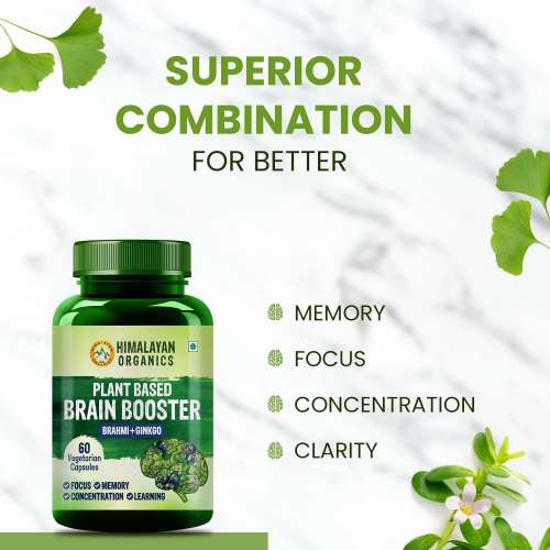 Vlado's Himalayan Organics: Plant Based Brain Booster Supplement with Ginkgo Biloba & Brahmi | Boost concentration & Memory | 60 Veg Capsules