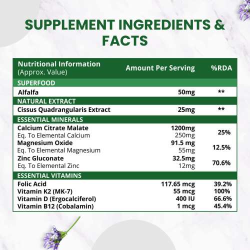 Vlado's Himalayan Organics: Alfalfa, Calcium Citrate Malate 1200mg with Vitamin D, K2 (MK7), B12, Zinc & Magnesium - 120 Veg Tablets