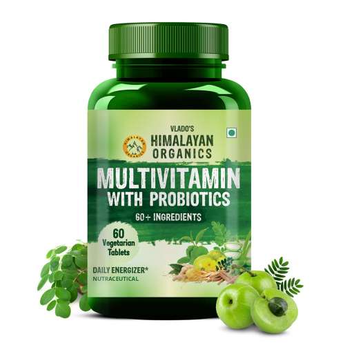Vlado's Himalayan Organics: Vlados Himalayan Organics Multivitamin With Probiotics - 60 Ingredients Supplement For Men And Women | Vitamin C, D, E, B3, B5, B12, Zinc, Magnesium, Giloy & Biotin | Good For Bone & Joint Support | Gut health - 60 Veg Tablets